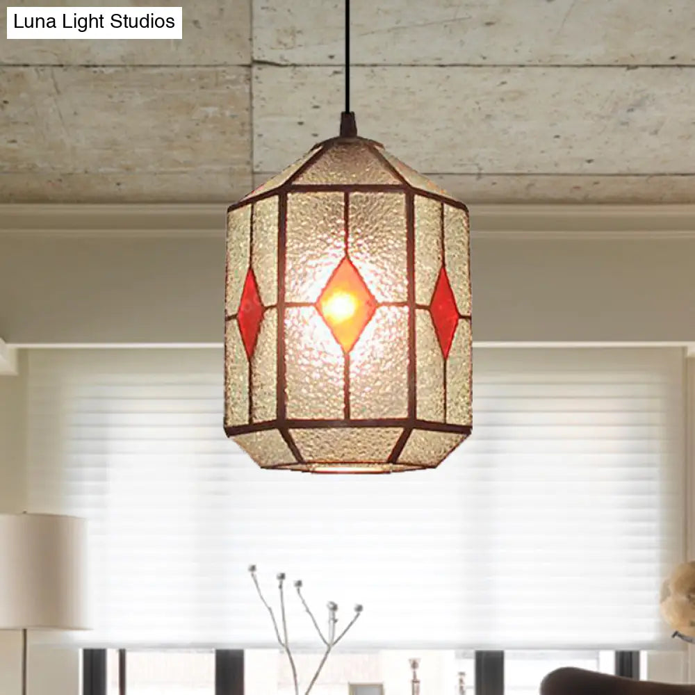 Tiffany Style Cylinder Hanging Light with Rhombus/Leaf Pattern - 1 Red/Green Down Light on Stainless Glass