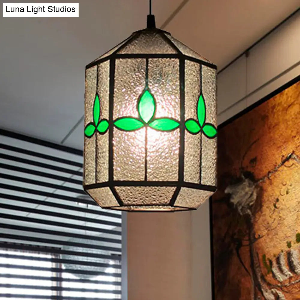 Tiffany Style Cylinder Hanging Light with Rhombus/Leaf Pattern - 1 Red/Green Down Light on Stainless Glass