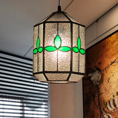 Tiffany Style Cylinder Hanging Light with Rhombus/Leaf Pattern - 1 Red/Green Down Light on Stainless Glass