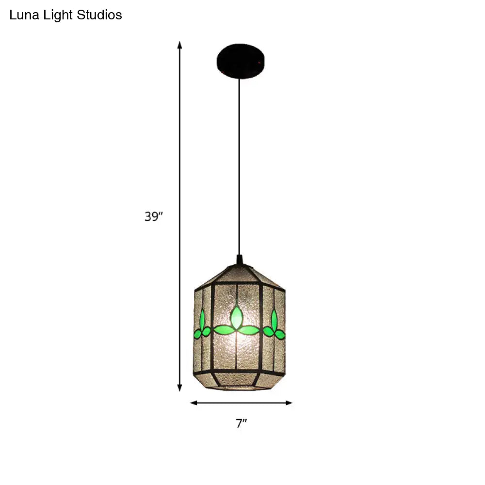 Tiffany Style Cylinder Hanging Light with Rhombus/Leaf Pattern - 1 Red/Green Down Light on Stainless Glass