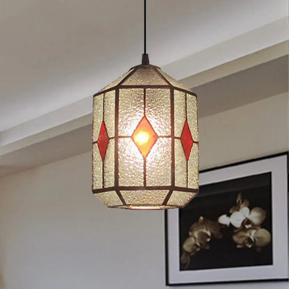 Tiffany Style Cylinder Hanging Light with Rhombus/Leaf Pattern - 1 Red/Green Down Light on Stainless Glass