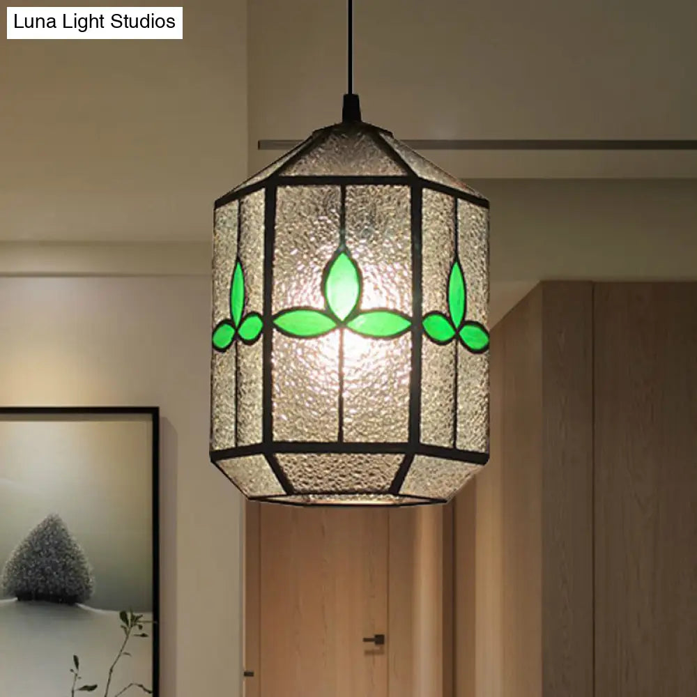 Tiffany Style Cylinder Hanging Light with Rhombus/Leaf Pattern - 1 Red/Green Down Light on Stainless Glass