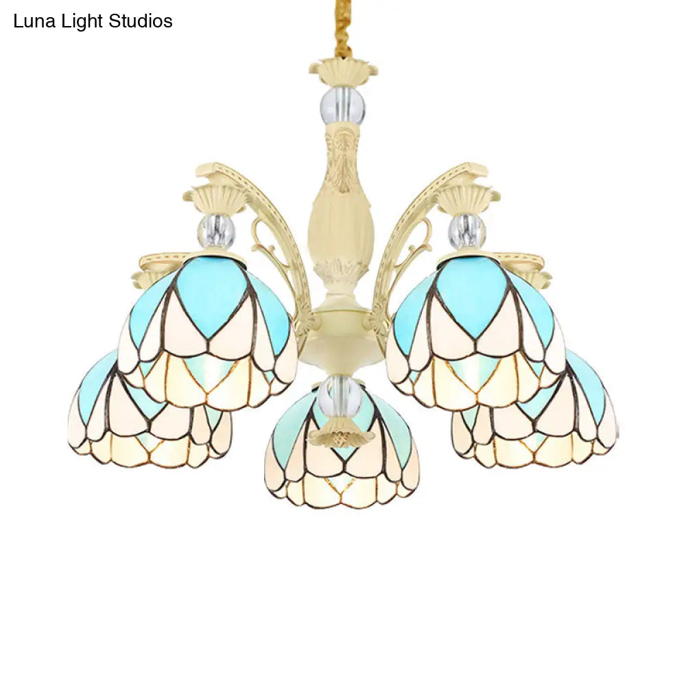 Tiffany Style Dome Chandelier with Blue Down Lighting - 3/6/9 Lights for Bedroom
