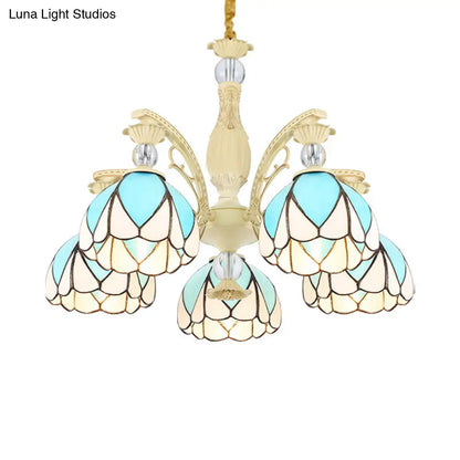 Tiffany Style Dome Chandelier with Blue Down Lighting - 3/6/9 Lights for Bedroom
