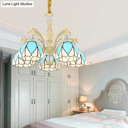 Tiffany Style Dome Chandelier with Blue Down Lighting - 3/6/9 Lights for Bedroom