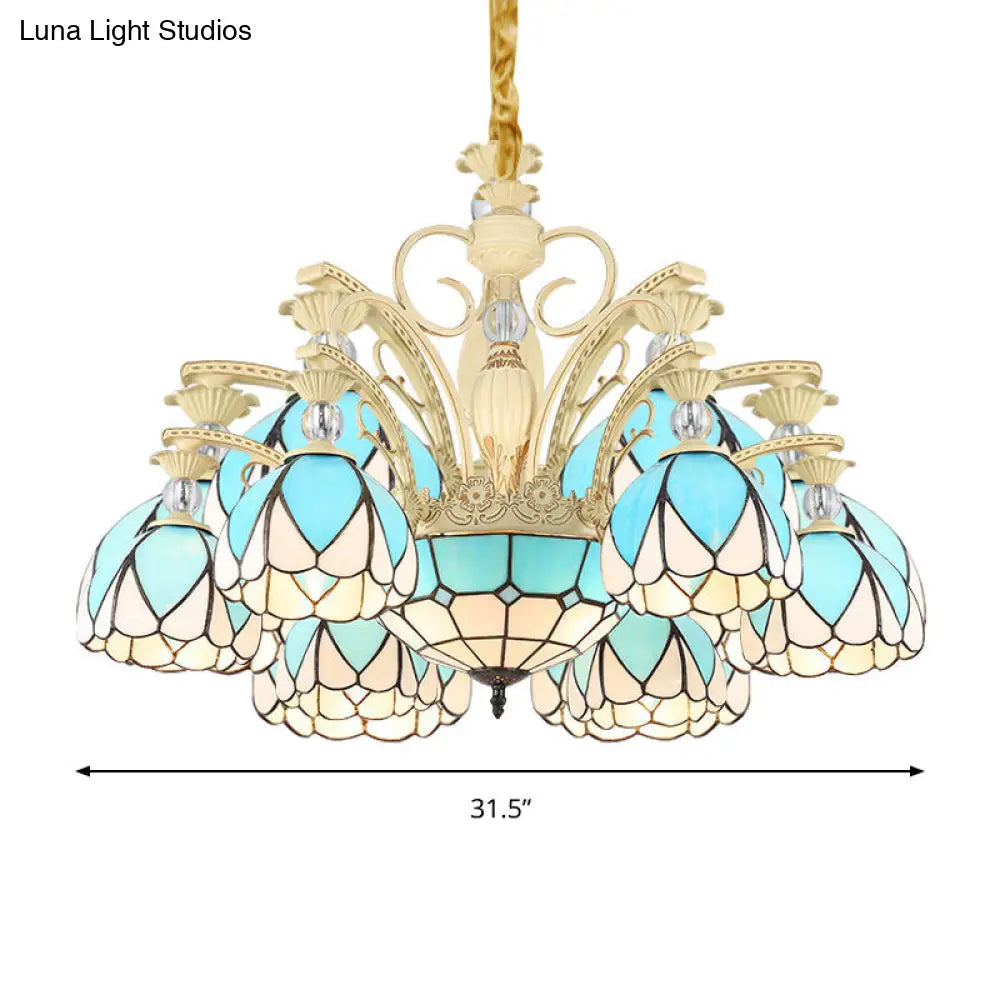Tiffany Style Dome Chandelier with Blue Down Lighting - 3/6/9 Lights for Bedroom