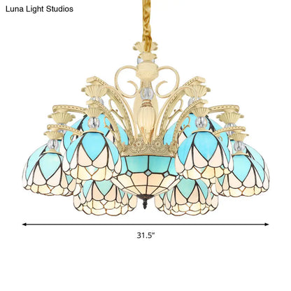 Tiffany Style Dome Chandelier with Blue Down Lighting - 3/6/9 Lights for Bedroom