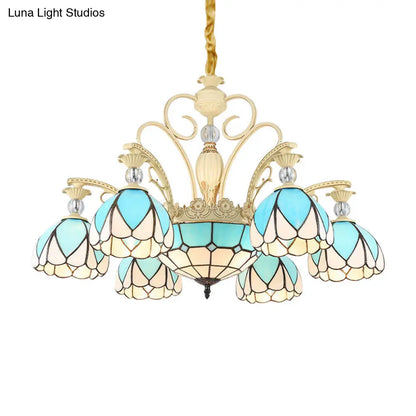 Tiffany Style Dome Chandelier with Blue Down Lighting - 3/6/9 Lights for Bedroom