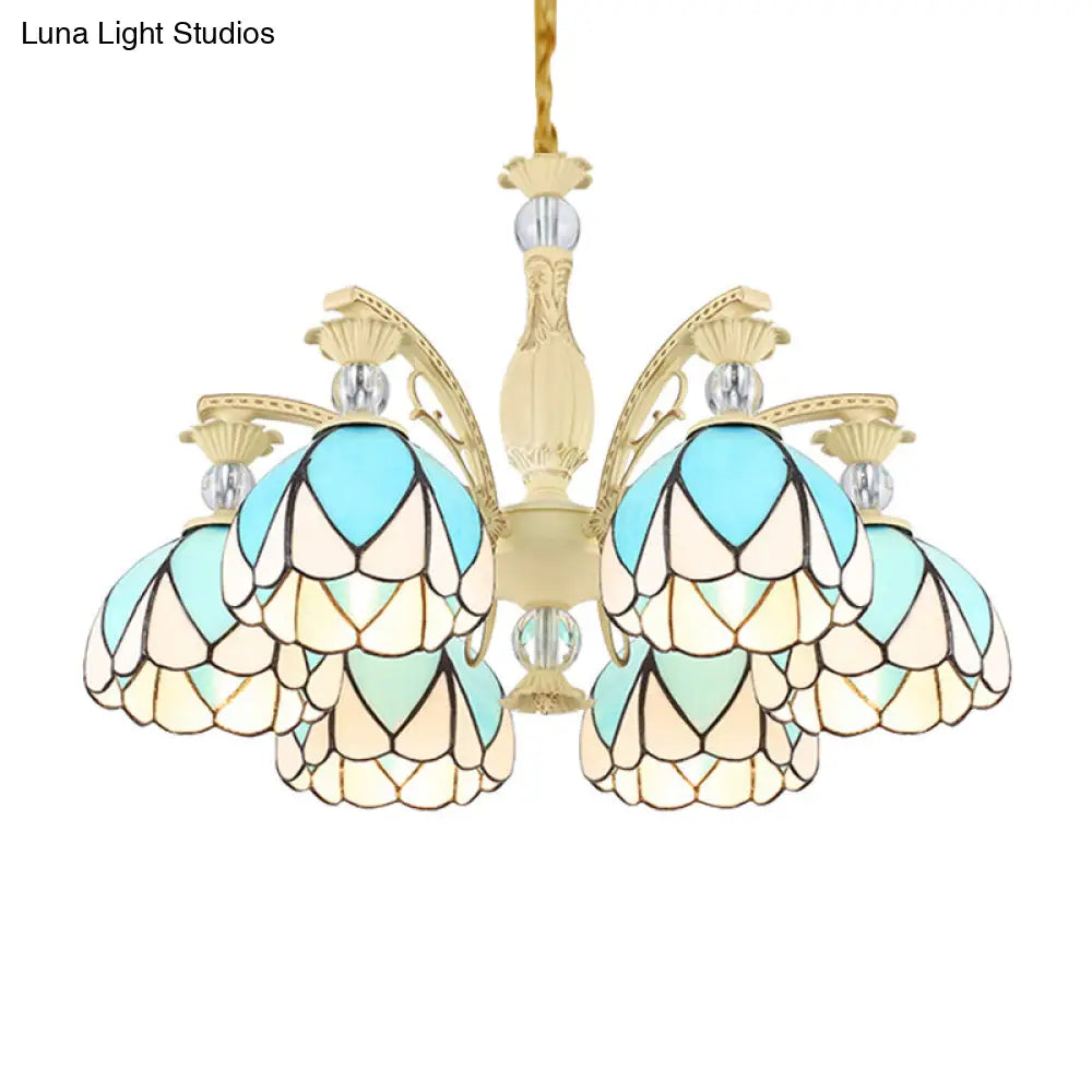 Tiffany Style Dome Chandelier with Blue Down Lighting - 3/6/9 Lights for Bedroom