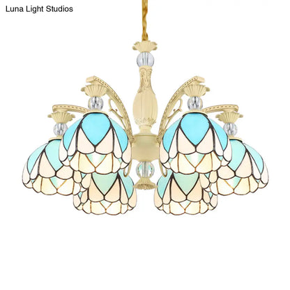 Tiffany Style Dome Chandelier with Blue Down Lighting - 3/6/9 Lights for Bedroom