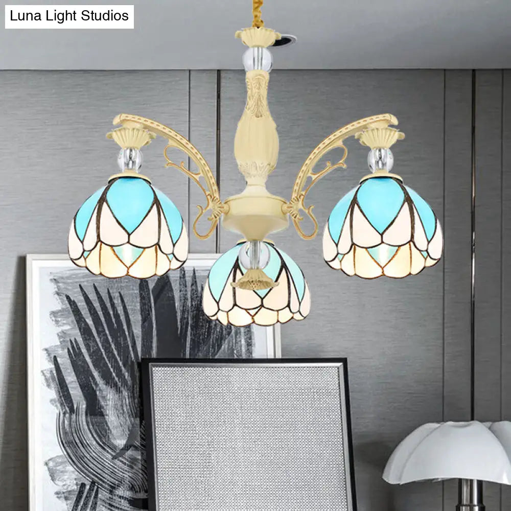 Tiffany Style Dome Chandelier with Blue Down Lighting - 3/6/9 Lights for Bedroom