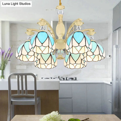 Tiffany Style Dome Chandelier with Blue Down Lighting - 3/6/9 Lights for Bedroom
