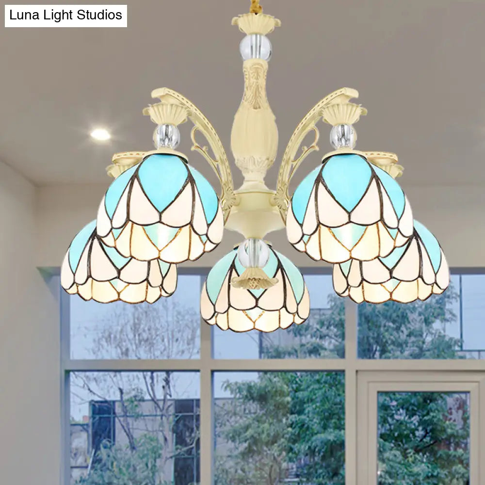 Tiffany Style Dome Chandelier with Blue Down Lighting - 3/6/9 Lights for Bedroom