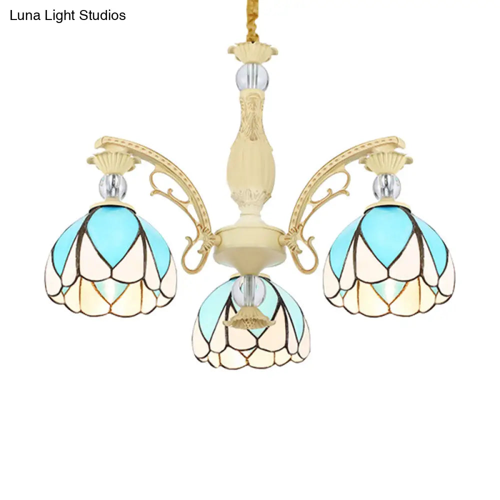 Tiffany Style Dome Chandelier with Blue Down Lighting - 3/6/9 Lights for Bedroom