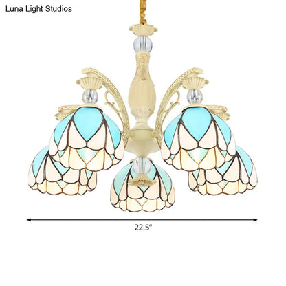 Tiffany Style Dome Chandelier with Blue Down Lighting - 3/6/9 Lights for Bedroom