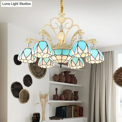 Tiffany Style Dome Chandelier with Blue Down Lighting - 3/6/9 Lights for Bedroom
