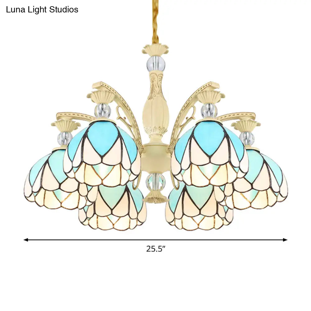 Tiffany Style Dome Chandelier with Blue Down Lighting - 3/6/9 Lights for Bedroom