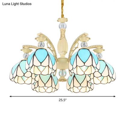 Tiffany Style Dome Chandelier with Blue Down Lighting - 3/6/9 Lights for Bedroom