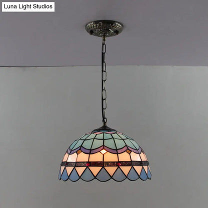 Tiffany-Style Dome Pendant Light - 12" Wide Glass Hanging Lamp for Living Room