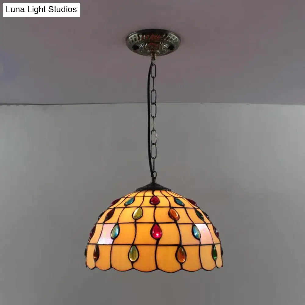 Tiffany-Style Dome Pendant Light - 12" Wide Glass Hanging Lamp for Living Room