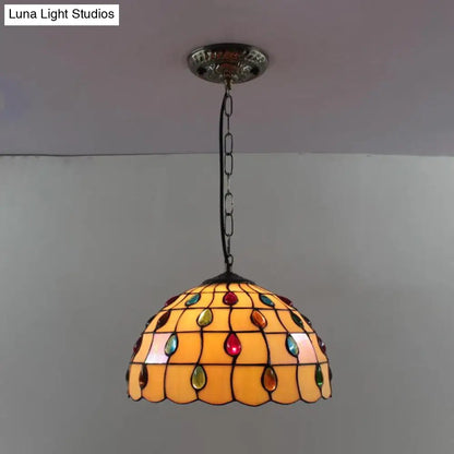 Tiffany-Style Dome Pendant Light - 12" Wide Glass Hanging Lamp for Living Room