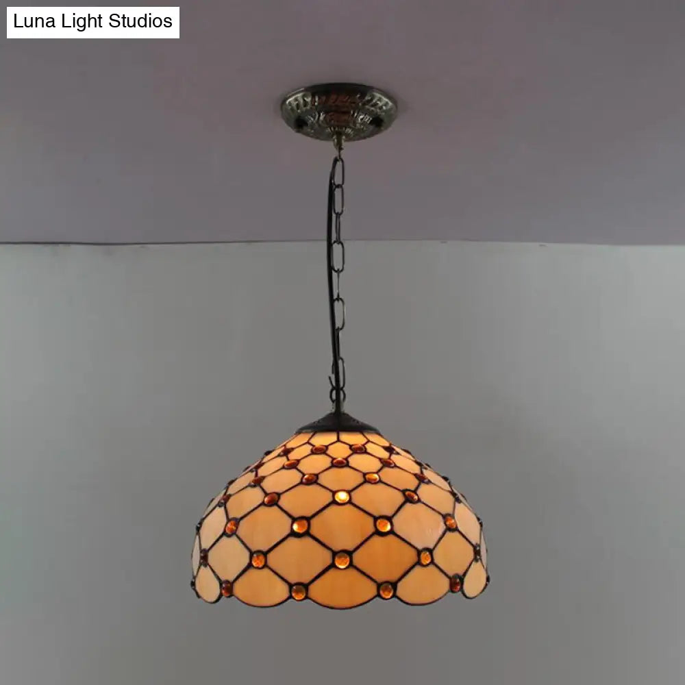 Tiffany-Style Dome Pendant Light - 12" Wide Glass Hanging Lamp for Living Room