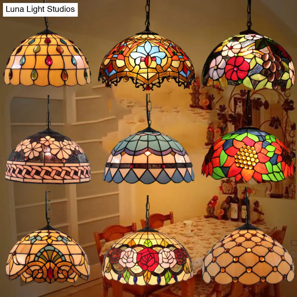 Tiffany-Style Dome Pendant Light - 12" Wide Glass Hanging Lamp for Living Room