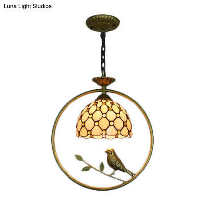 Tiffany-Style Dome Suspended Ceiling Light – Stainless Glass Pendant Lamp with Bird Accent