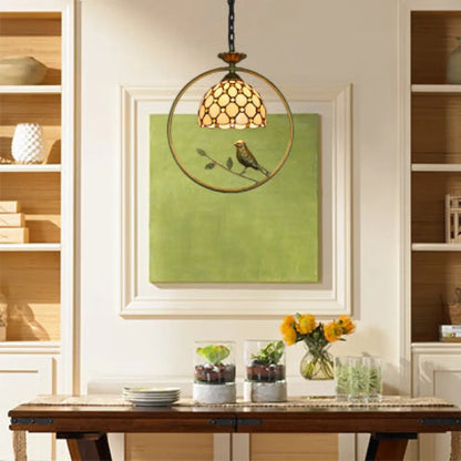 Tiffany-Style Dome Suspended Ceiling Light – Stainless Glass Pendant Lamp with Bird Accent