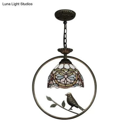 Tiffany Style Dome Suspension Lamp - Elegant Stainless Glass Pendant Lighting with Bird Accent