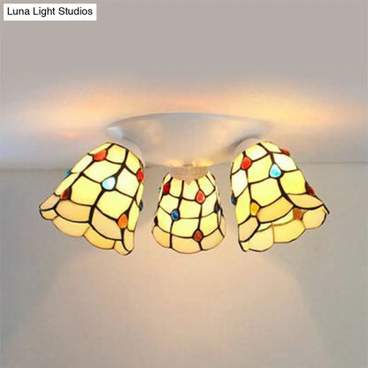 DecorBites™ DecorBites™ Tiffany Style Domed Ceiling Fixture Stained Glass 3 Lights in Beige - 6"/8" Wide