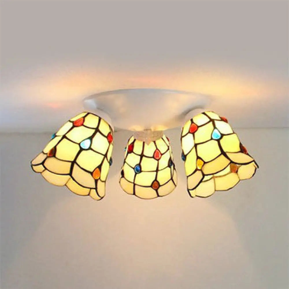 DecorBites™ DecorBites™ Tiffany Style Domed Ceiling Fixture Stained Glass 3 Lights in Beige - 6"/8" Wide
