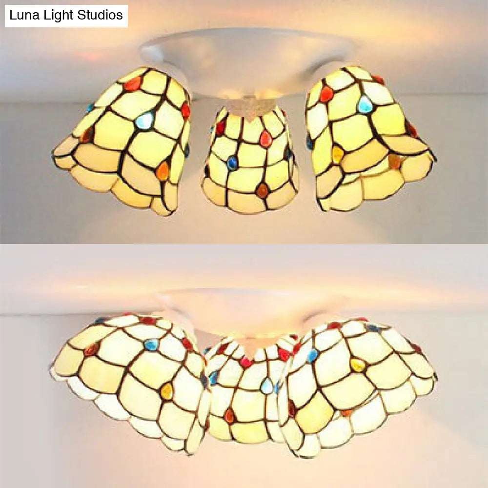 DecorBites™ DecorBites™ Tiffany Style Domed Ceiling Fixture Stained Glass 3 Lights in Beige - 6"/8" Wide