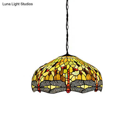 Tiffany-Style Domed Pendant Light with Dragonfly Pattern - Yellow Stained Glass, 2 Bulbs - 20.5"/21.5" Wide