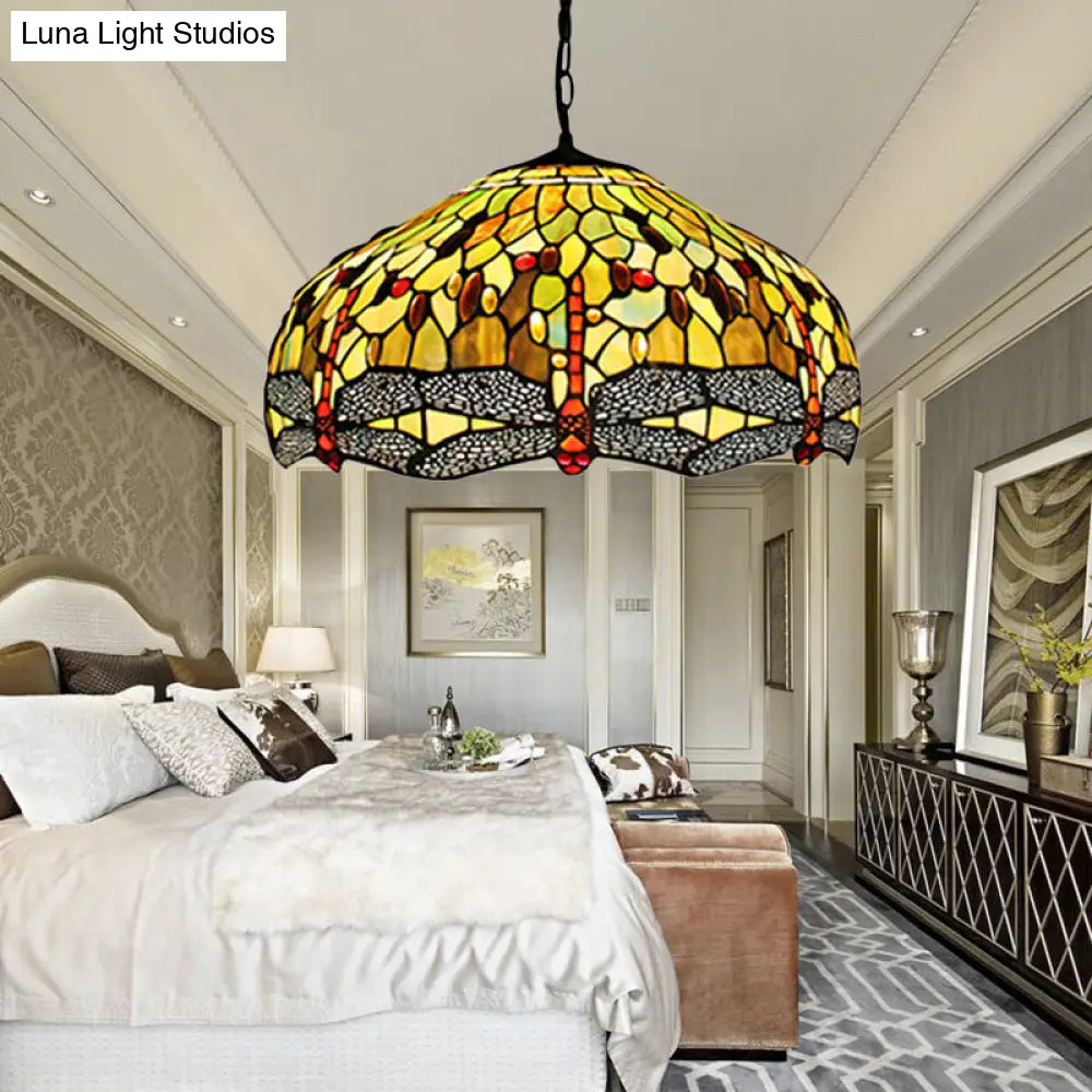 Tiffany-Style Domed Pendant Light with Dragonfly Pattern - Yellow Stained Glass, 2 Bulbs - 20.5"/21.5" Wide