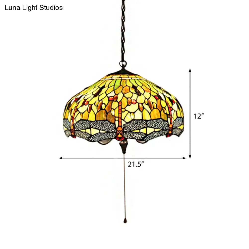 Tiffany-Style Domed Pendant Light with Dragonfly Pattern - Yellow Stained Glass, 2 Bulbs - 20.5"/21.5" Wide