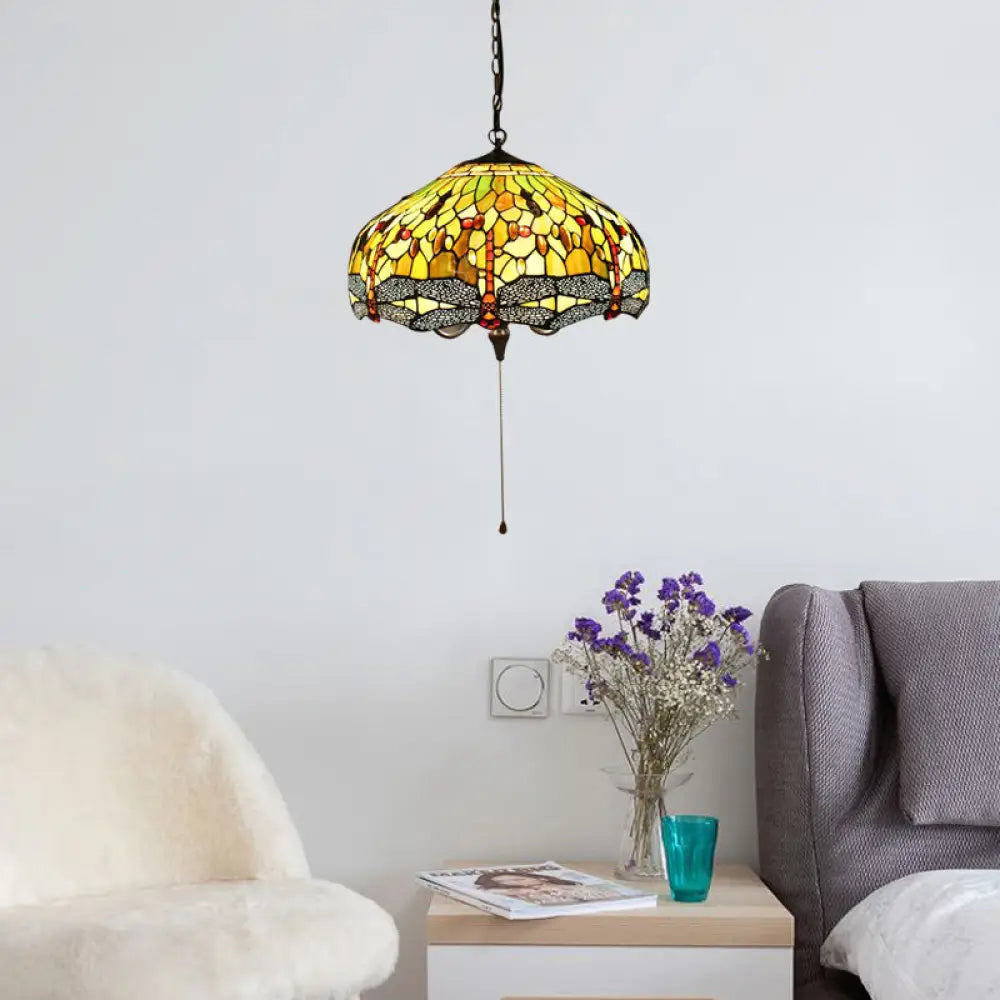 Tiffany-Style Domed Pendant Light with Dragonfly Pattern - Yellow Stained Glass, 2 Bulbs - 20.5"/21.5" Wide