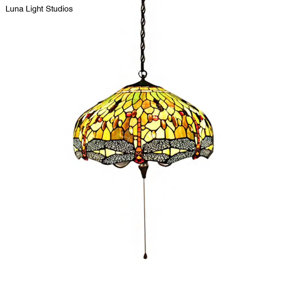 Tiffany-Style Domed Pendant Light with Dragonfly Pattern - Yellow Stained Glass, 2 Bulbs - 20.5"/21.5" Wide