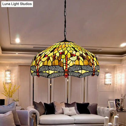 Tiffany-Style Domed Pendant Light with Dragonfly Pattern - Yellow Stained Glass, 2 Bulbs - 20.5"/21.5" Wide