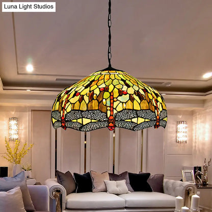 Tiffany-Style Domed Pendant Light with Dragonfly Pattern - Yellow Stained Glass, 2 Bulbs - 20.5"/21.5" Wide