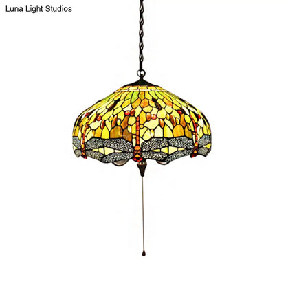 Tiffany-Style Domed Pendant Light with Dragonfly Pattern - Yellow Stained Glass, 2 Bulbs - 20.5"/21.5" Wide