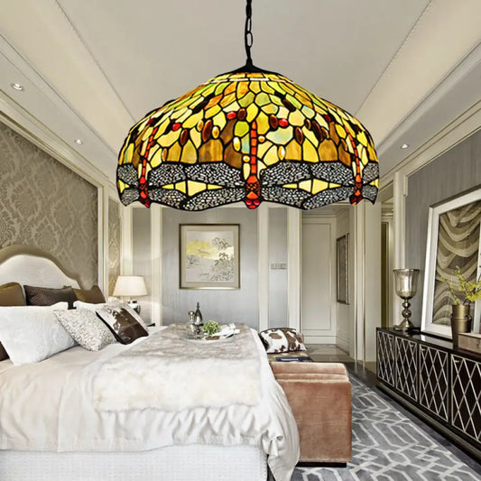 Tiffany-Style Domed Pendant Light with Dragonfly Pattern - Yellow Stained Glass, 2 Bulbs - 20.5"/21.5" Wide