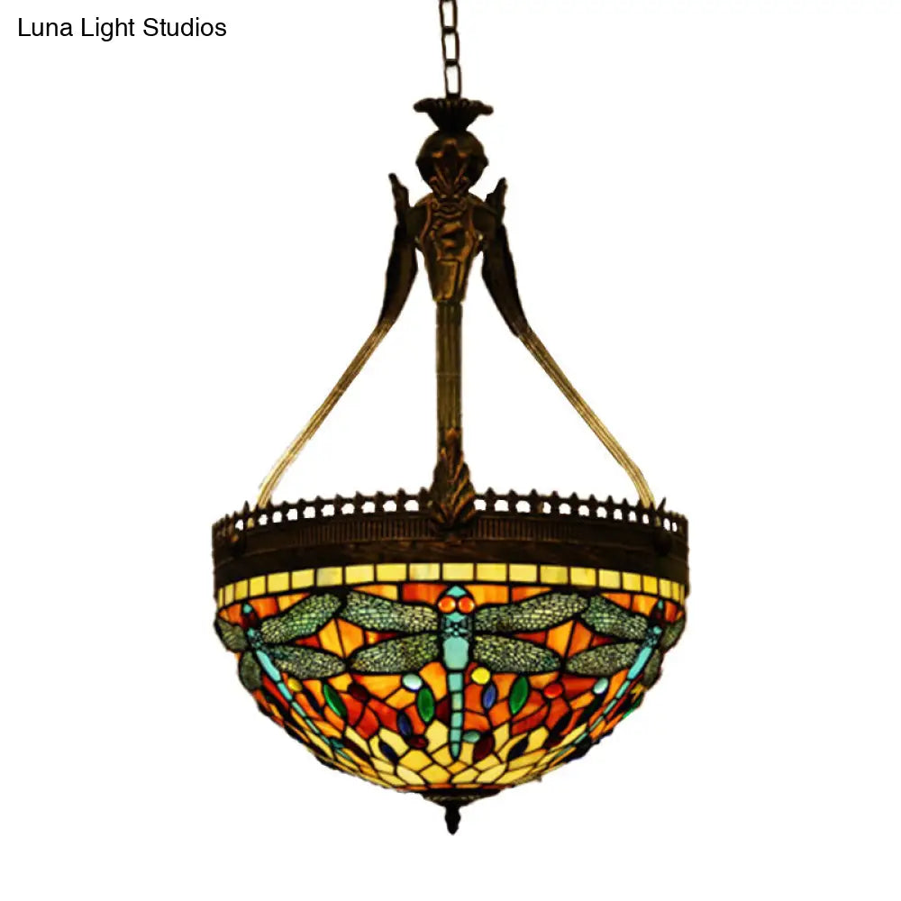 Tiffany Style Dragonfly Chandelier - Yellow/Orange/Pink & White Stained Glass Hanging Lamp - 3 Lights