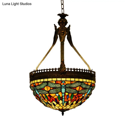 Tiffany Style Dragonfly Chandelier - Yellow/Orange/Pink & White Stained Glass Hanging Lamp - 3 Lights