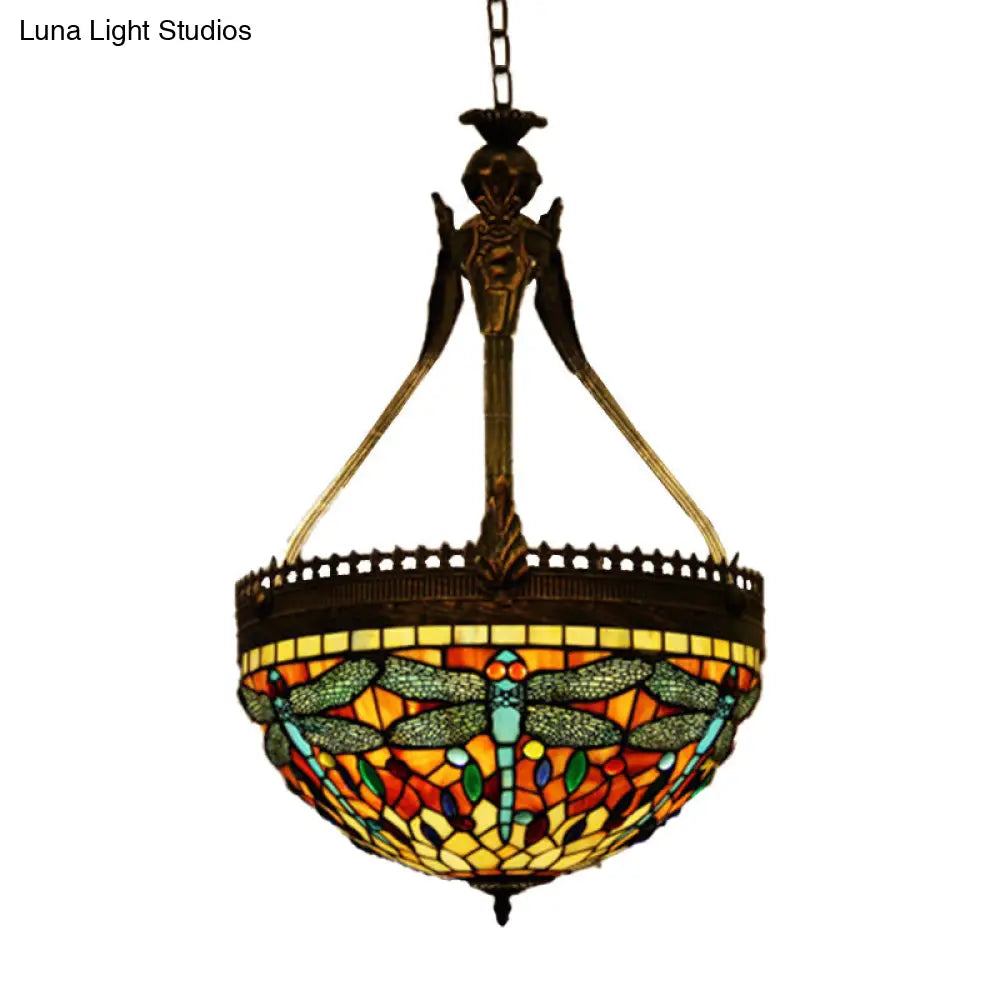 Tiffany Style Dragonfly Chandelier - Yellow/Orange/Pink & White Stained Glass Hanging Lamp - 3 Lights