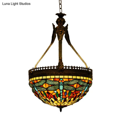 Tiffany Style Dragonfly Chandelier - Yellow/Orange/Pink & White Stained Glass Hanging Lamp - 3 Lights