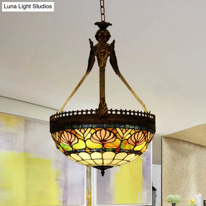 Tiffany Style Dragonfly Chandelier - Yellow/Orange/Pink & White Stained Glass Hanging Lamp - 3 Lights