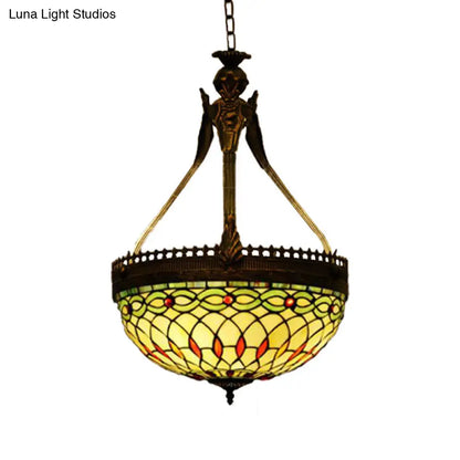 Tiffany Style Dragonfly Chandelier - Yellow/Orange/Pink & White Stained Glass Hanging Lamp - 3 Lights