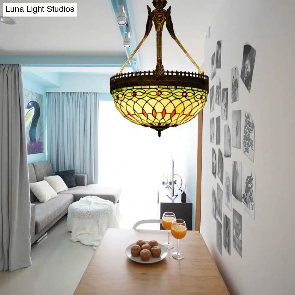 Tiffany Style Dragonfly Chandelier - Yellow/Orange/Pink & White Stained Glass Hanging Lamp - 3 Lights