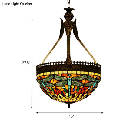 Tiffany Style Dragonfly Chandelier - Yellow/Orange/Pink & White Stained Glass Hanging Lamp - 3 Lights